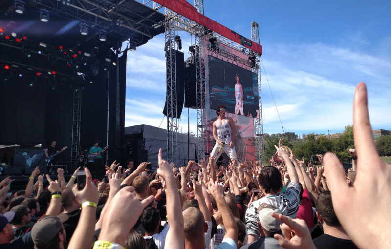 Jesse Hasek crowd surfing while performing at Louder than Life 2015 in Louisville, Kentucky