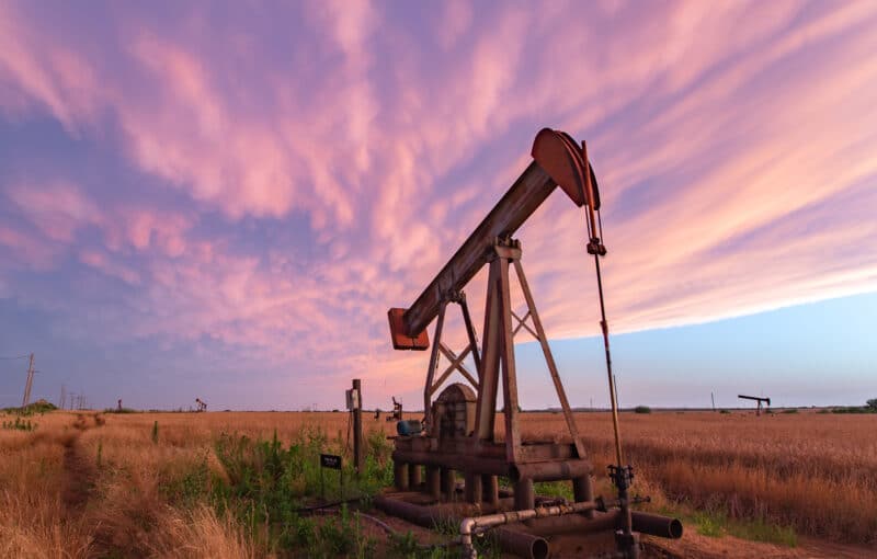 Mammatus clouds behind an oil pumpjack near dusk in Burkburnett, TX back in June