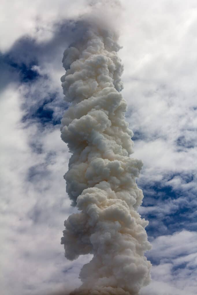 The smoke plume left behind by the Space Shuttle and Solid Rocket Boosters