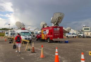 Satellite trucks at the Kennedy Space Center Media Area