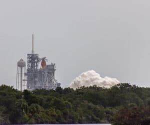 Right after main engine start of the STS-135 Launch of the Space Shuttle Atlantis, July 8, 2011