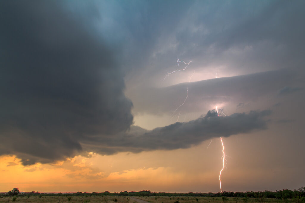Cloud to Ground lightning strike thru the inflow region of a supercell near Graham TX on May 17, 2013