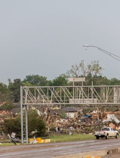 Looking Southeast off the 4th street bridge towards I-35/East Moore