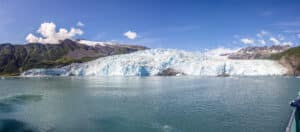 Panoramic Photo of the very large Aialik Glacier. The glacier is over 400 feet tall, for some perspective.