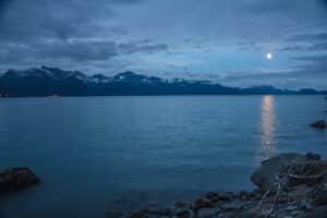 Moon over Resurrection Bay in Seward, Alaska