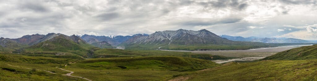 Panoramic view of the Alaska range from the Eielson Visitors Center in Denali National Park