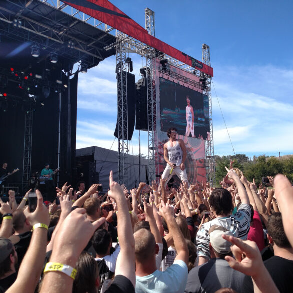 Jesse Hasek crowd surfing while performing at Louder than Life 2015 in Louisville, Kentucky
