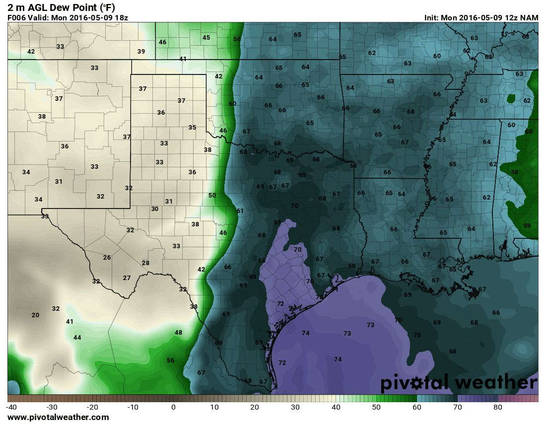 May 9, 2016 12z NAM 6hour Surface Dewpoints