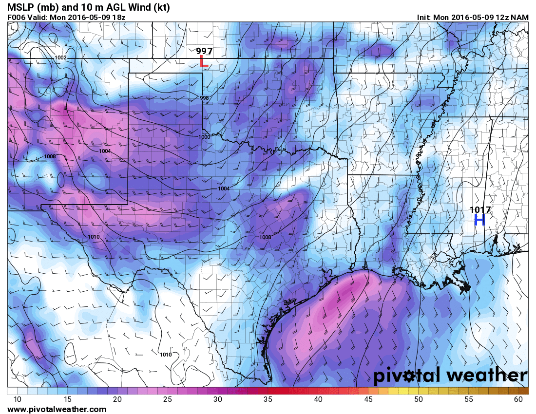 May 9, 2016 12z NAM 6hour Surface Winds/MSLP