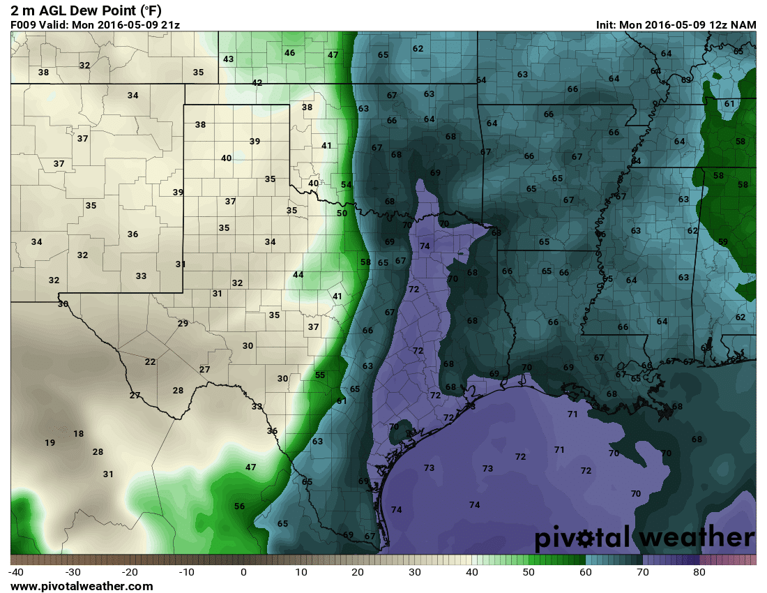 May 9, 2016 12z NAM 9hour Surface Dewpoints