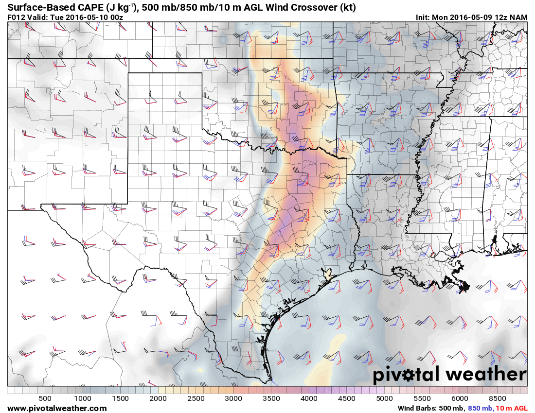 May 9, 2016 12z NAM 12hour 850/500 crossover & SBCAPE