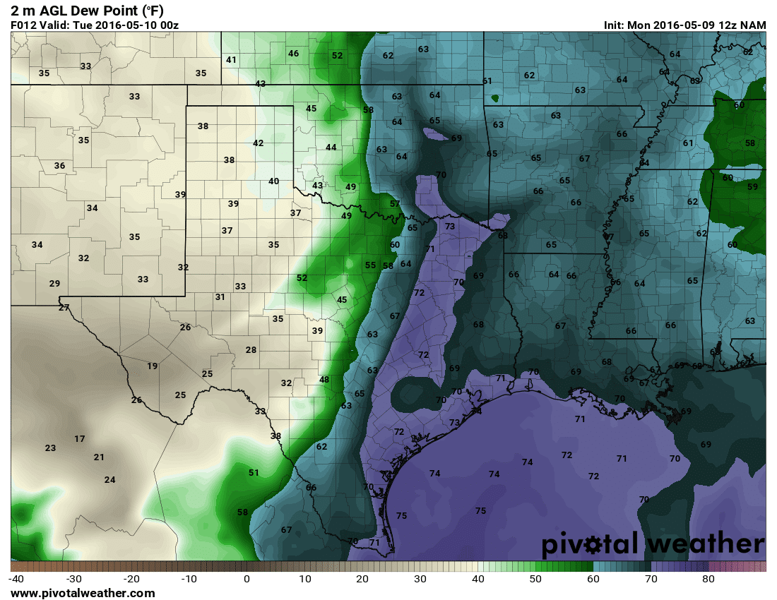 May 9, 2016 12z NAM 12hour Surface Dewpoints
