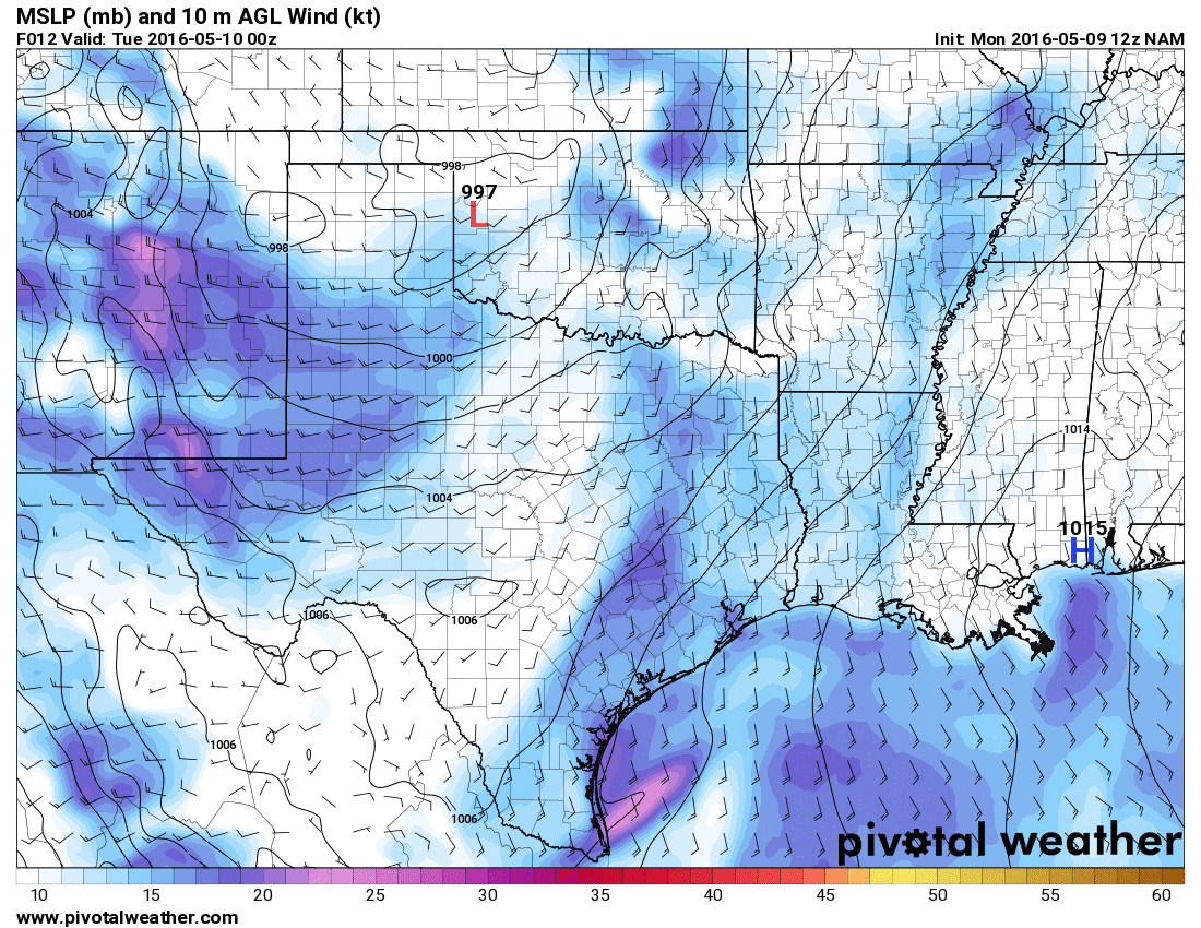 May 9, 2016 12z NAM 12hour Surface Winds & MSLP