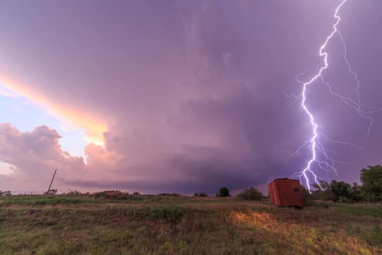 Bright cloud to ground lightning strike out of a supercell near Turkey, TX