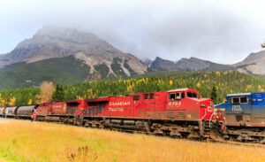 Two trains pass in Field, BC