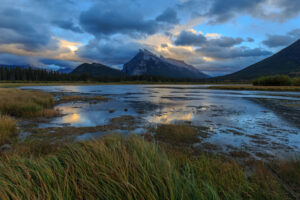 Vermilion Lakes area near the city of Banff in Banff National Park. Mount Rundle is in the background