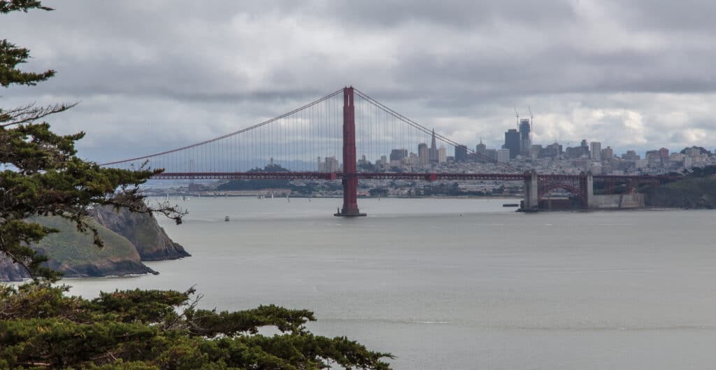 Looking thru the Golden Gate Bridge at the city of San Francisco
