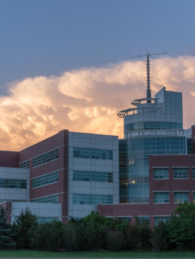A storm anvil over the National Weather Center in Norman, OK on April 25, 2017