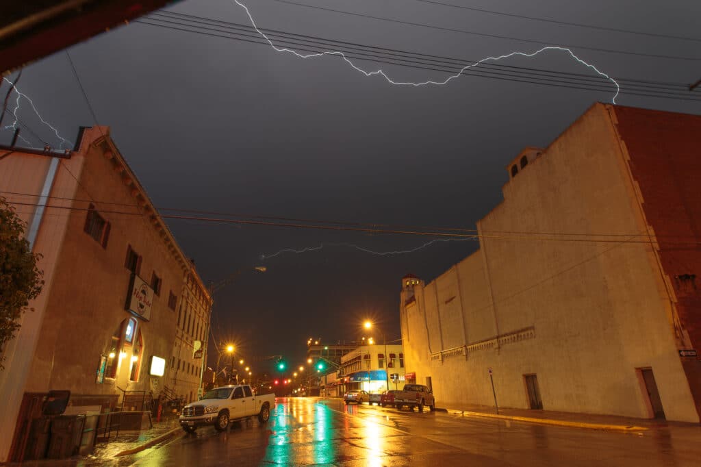 Lightning bolts over downtown York, NE on June 13, 2017