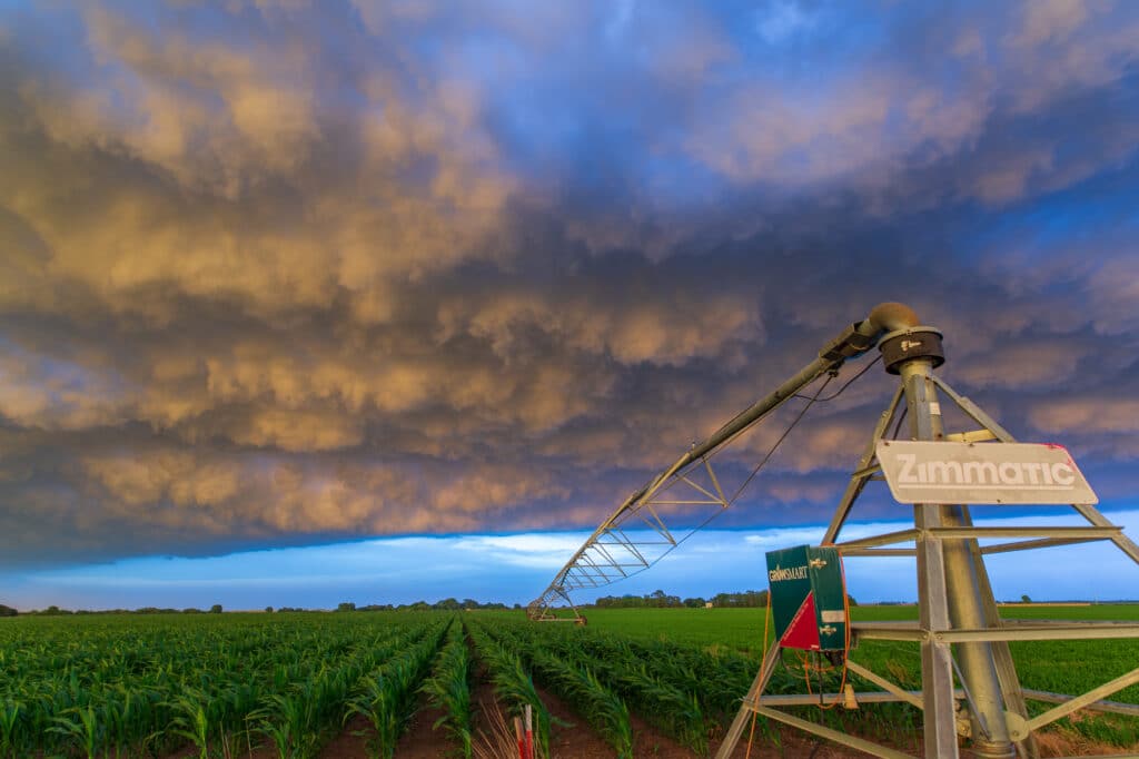 Irrigation System as a storm rolls over at sunset in Central Nebraska