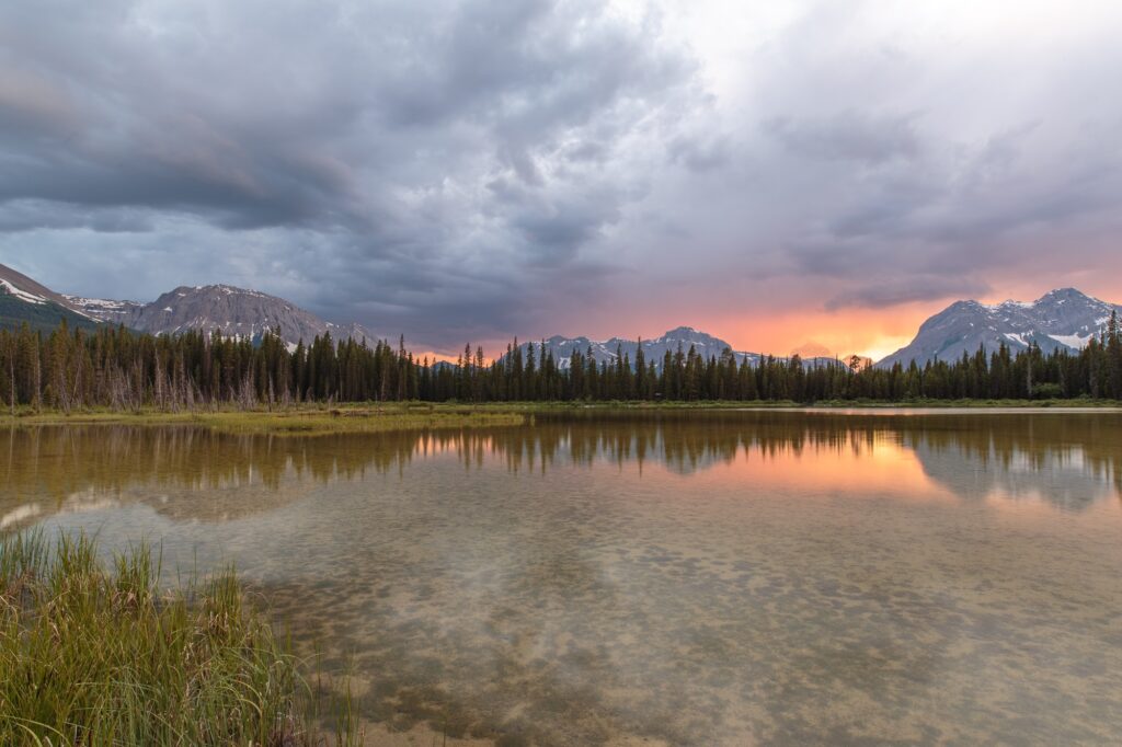 The sun sets over Spray Valley Provincal Park, Alberta, Canada