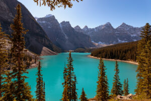 Bright sunny afternoon at Moraine Lake in Banff National Park