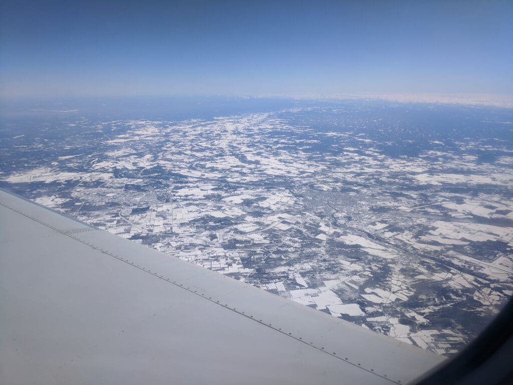 You can see the area dumped on by lake effect snow 2 days prior on my flight home near Watertown, NY