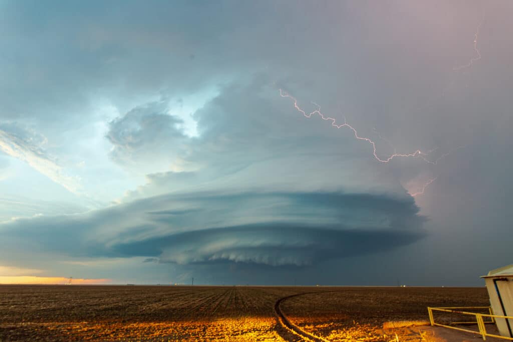 Lightning around a striated updraft near Sublette, Kansas