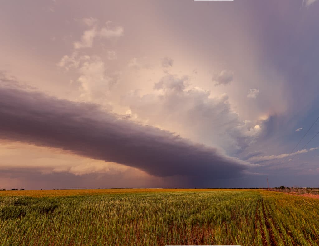 A lone supercell rolls across the Texas countryside near dusk