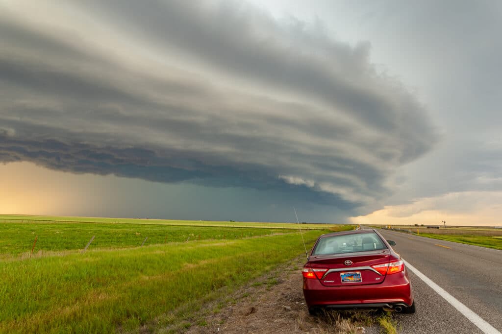 Toyota Camry in front of a shelf cloud in Southwest Oklahoma