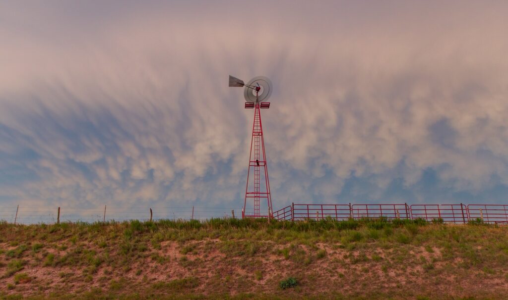 Windmill in front of mammatus clouds after storms in the Texas Panhandle in May 2020