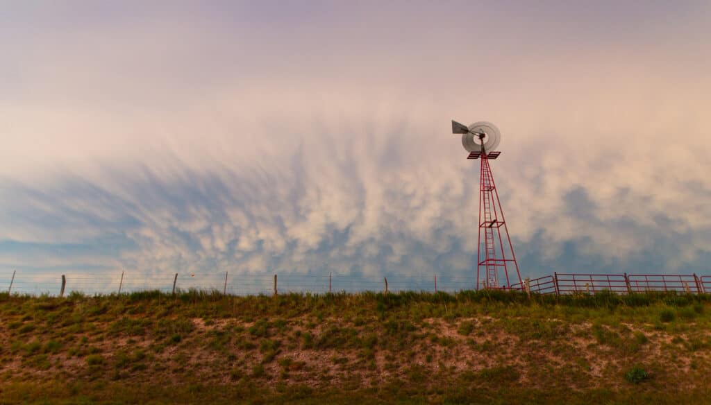 Windmill in front of mammatus clouds after storms in the Texas Panhandle in May 2020