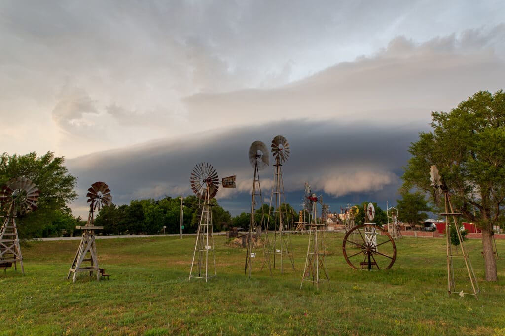 A shelf cloud approaches the Shattuck Windmill Museum in Shattuck, Oklahoma
