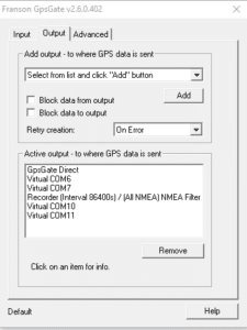 GPSGate Splitter/Client Output Screen