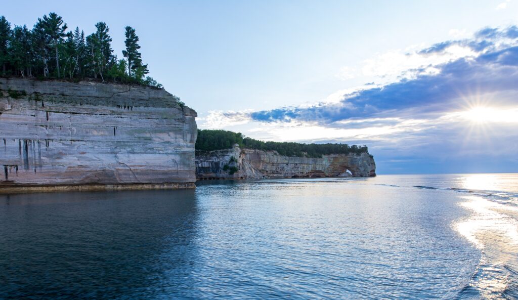 Sun setting in a westerly sky on Lake Superior