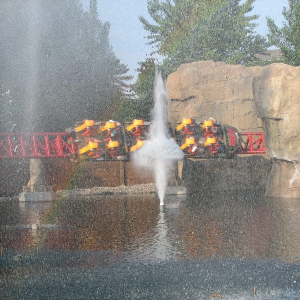 Water Canons shoot as the Maverick train goes by at Cedar Point