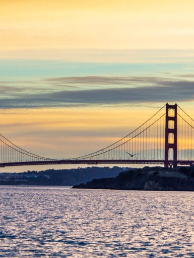 The Golden Gate Bridge in San Francisco at dusk.