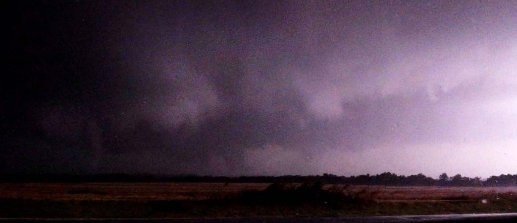 Tornado with satellite tornado near Clinton, Oklahoma after dark on October 12, 2021