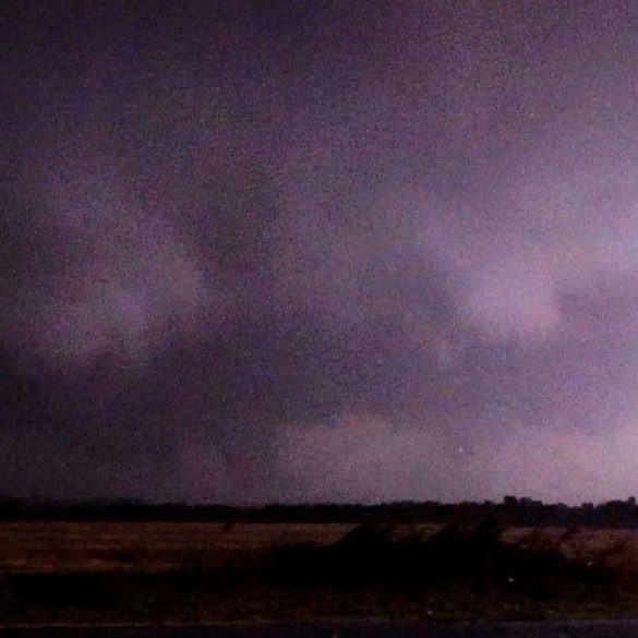 Tornado with satellite tornado near Clinton, Oklahoma after dark on October 12, 2021