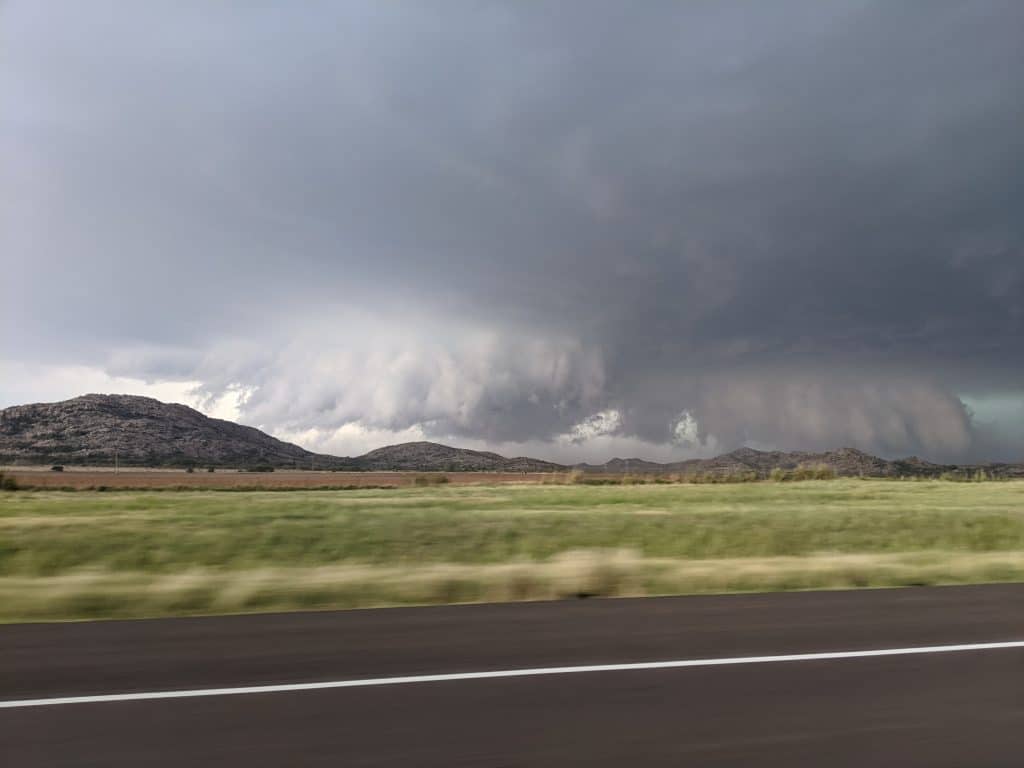 A supercell over the Wichita Mountains near the town of Roosevelt on October 10, 2021.