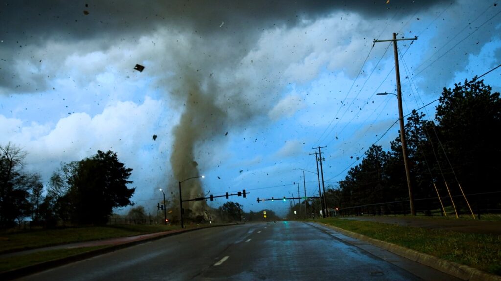 A tornado crosses Andover Rd at Harry Street in Andover, Kansas on April 29, 2022