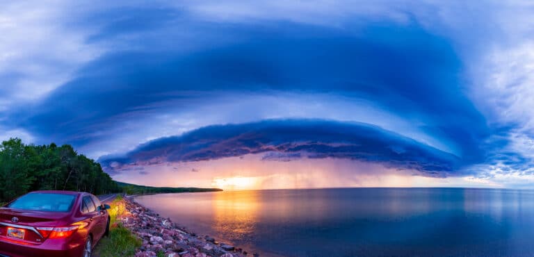 Sunset behind a shelf cloud on Lake Superior near the Porcupine Mountains in July 2020