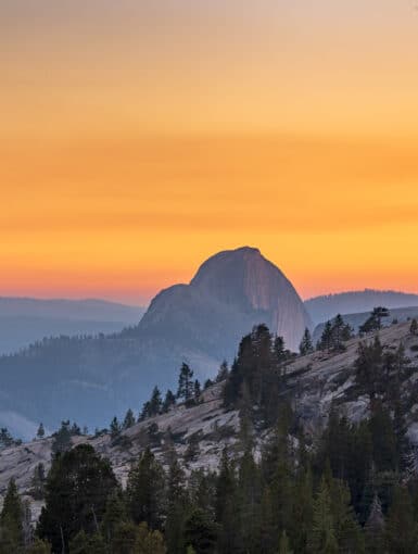 View of Half Dome from Olmsted Point at sunset in Yosemite National Park