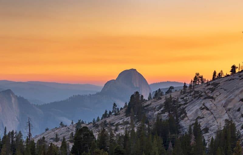 View of Half Dome from Olmsted Point at sunset in Yosemite National Park