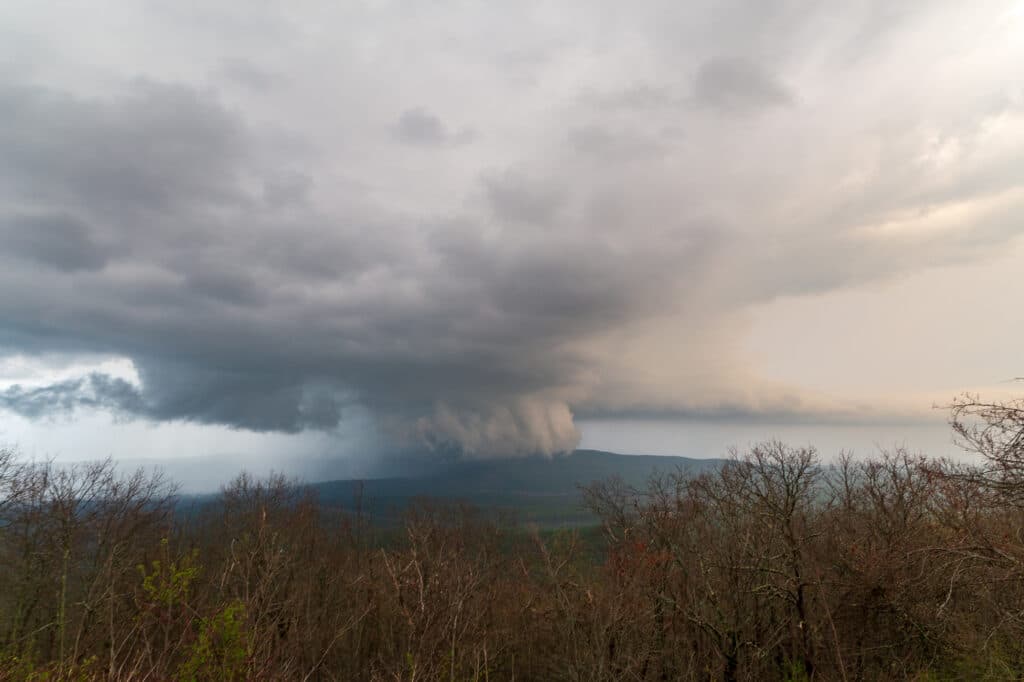 Supercell rolls across the Ouachita Mountains in eastern Oklahoma