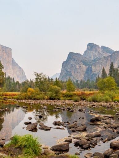 Yosemite Valley View. There was no wind so it was extremely smoky. The upside is that the water was very reflective