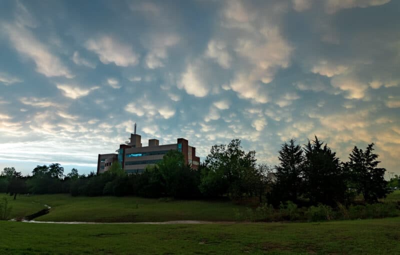 A mammatus sunset at the National Weather Center in Norman, Oklahoma