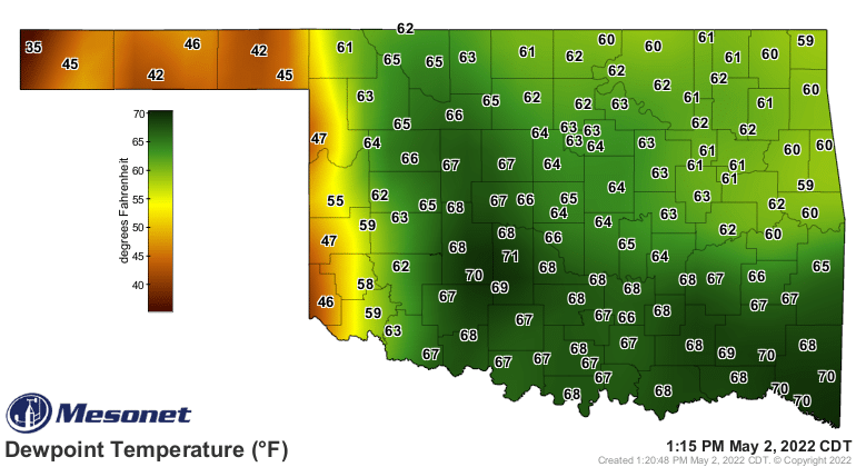 Dewpoint Temperature from Oklahoma Mesonet on May 2, 2022 at 1:15 pm