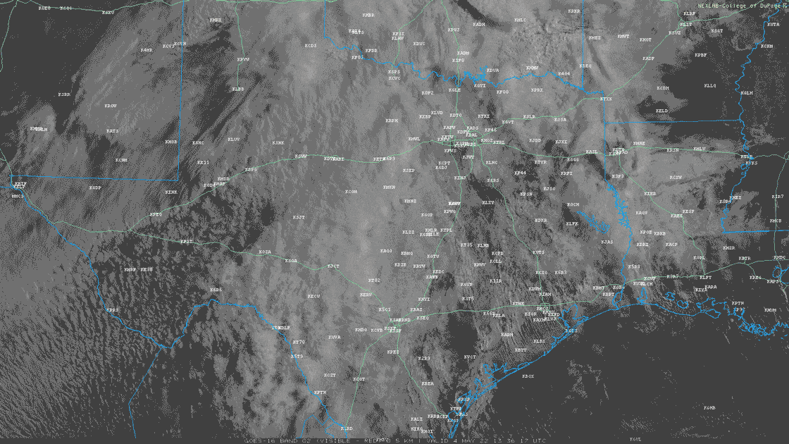 Visible Satellite Loop across Texas and Oklahoma on the morning and afternoon of May 4, 2022