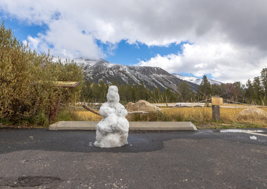 Someone made a snowman at altitude near Mount Dana in Yosemite National Park
